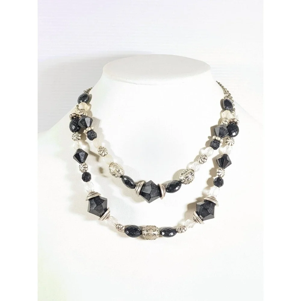 Premier Designs Black Bead Layered Necklace Silver Tone‎ Double Strand 18.5